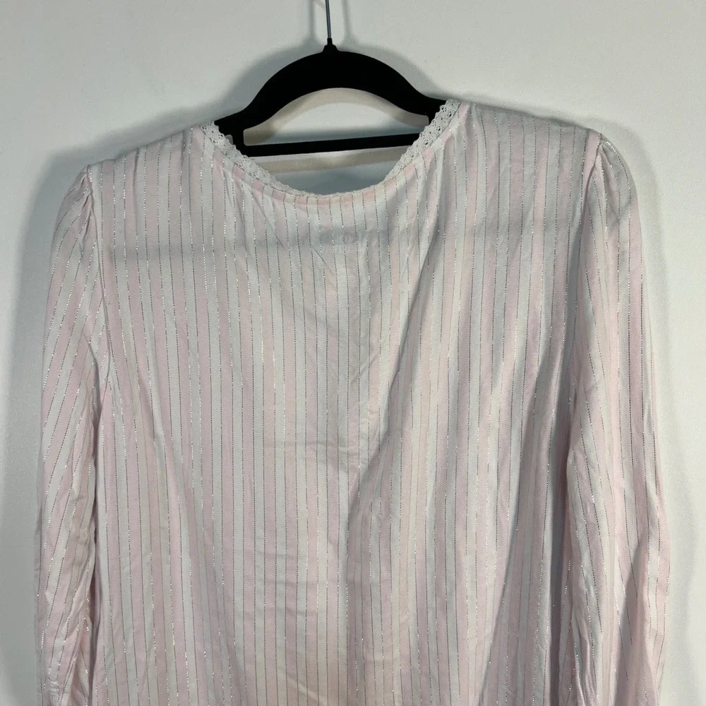 Croft‎ & Barrow Pink White Striped Silver Lurex V-Neck Nightgown women's L NWT